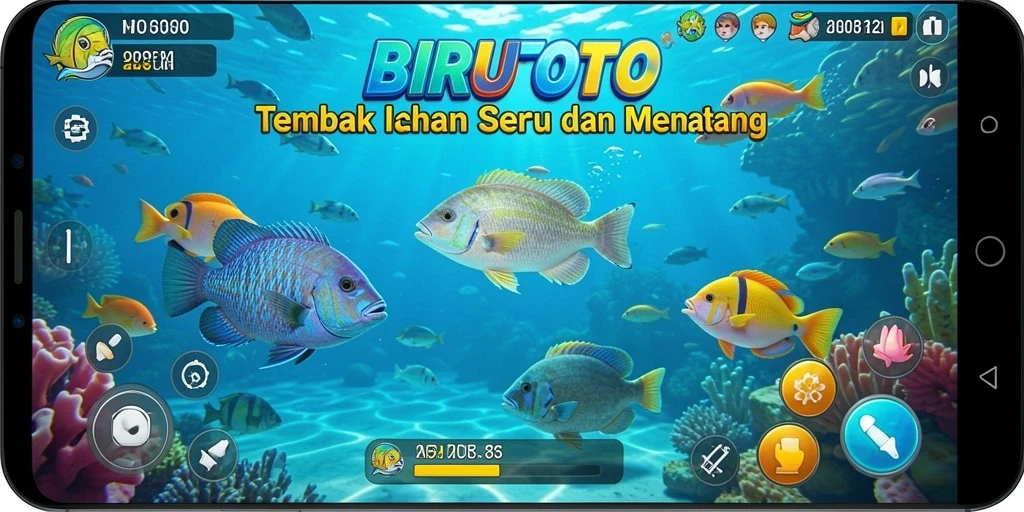 Tampilan gameplay seru BIRUTOTO saat menangkap ikan.