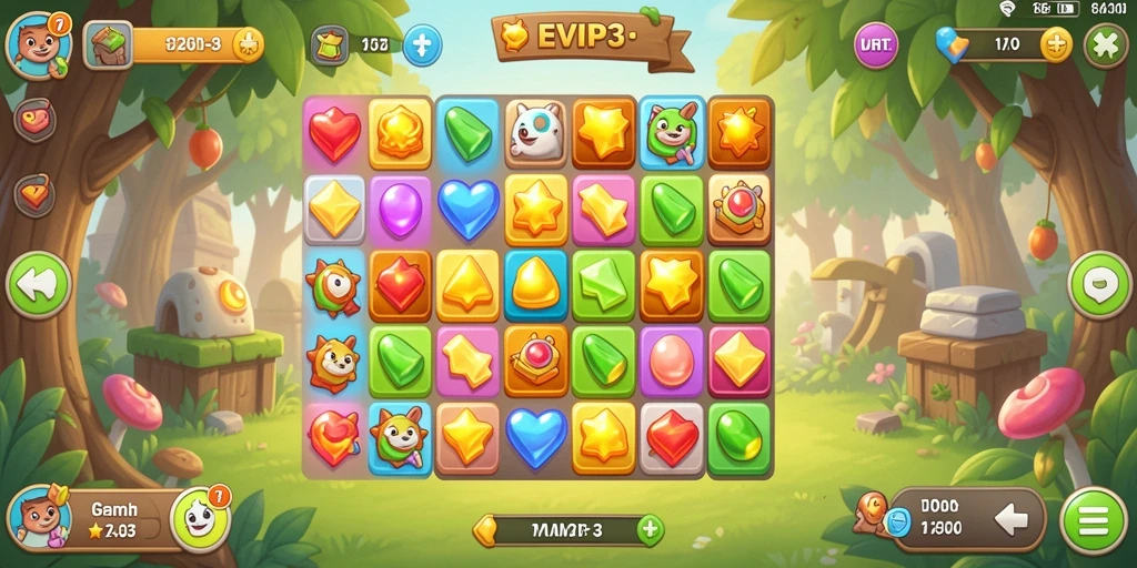 Tampilan seru gameplay Match-3 EVIP3 yang penuh warna.