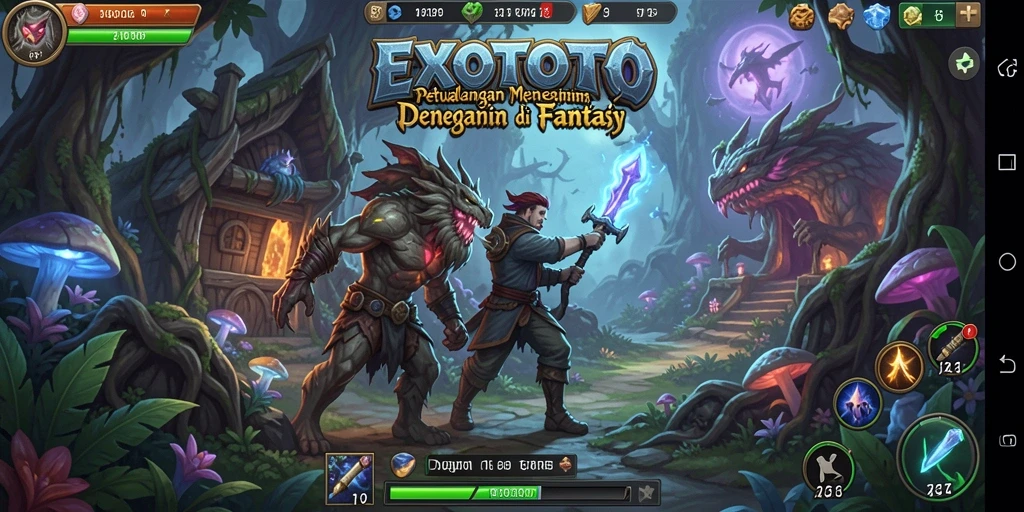 Tangkapan layar gameplay <strong>EXOTOTO</strong> menampilkan aksi seru dan pemandangan indah dari dunia petualangan.