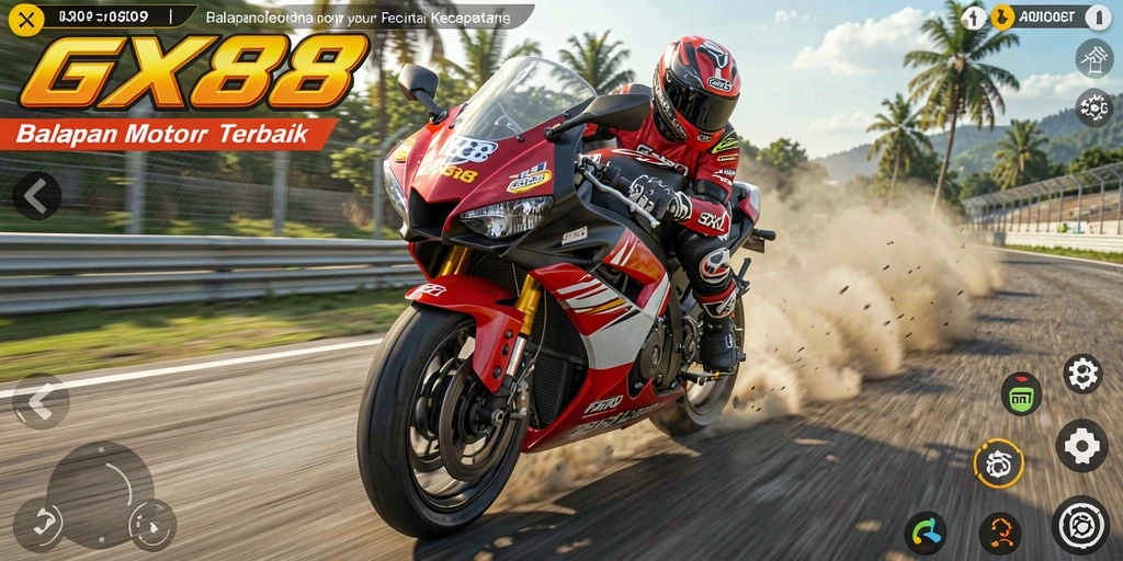 Screenshot GX88 menunjukkan aksi balapan motor yang seru dan menegangkan.