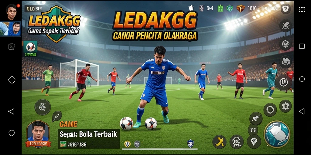 Screenshot utama LEDAKGG dengan aksi di lapangan sepak bola.