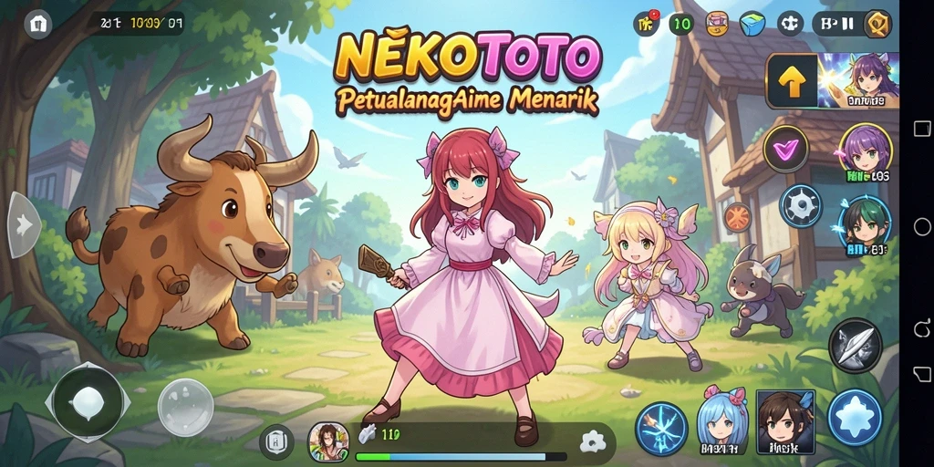 Tampilan gameplay seru di NEKOTOTO dengan karakter anime penuh warna.