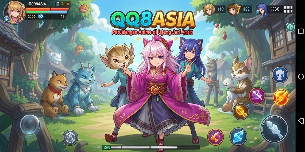 Tampilan gameplay <strong>QQ88ASIA</strong> dengan karakter anime yang dinamis.