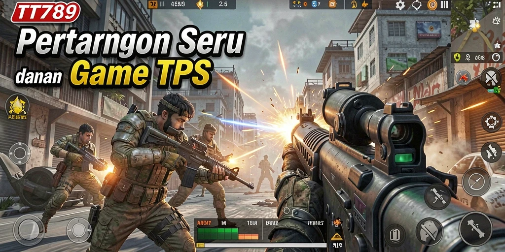 Tangkapan layar menunjukkan aksi pertempuran intens dalam game TPS.