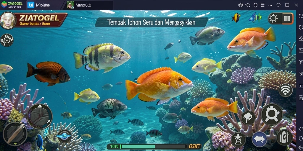 Gameplay ZIATOGEL dengan aksi menembak ikan yang seru.